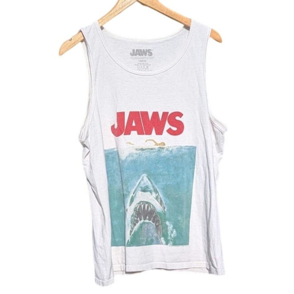 Jaws Tank Top Summer Beach Shark Horror Cotton Shirt Sleeveless White Size L